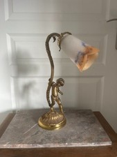 Ancien Lampe Col Cygne Tulipe Ange Angelot Chérubin Putti Laiton Doré 44cm
