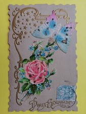 CPA Écrite 1907 FANTAISIE CHROMO DÉCOUPIS AJOUTIS PAPILLON Tissu DOUX SOUVENIR