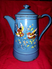 Ancienne Cafetière Métal Emaillé Décor d'Oiseaux branchés (pinsons)TTB 21 cm