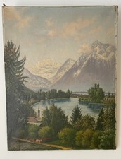 Tableau ancien huile sur toile fin 19 th montagne Lac de Thoune Niesen Suisse