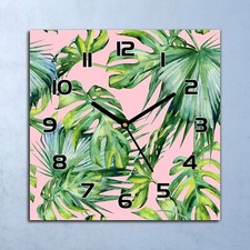 Horloge Murale Design En Verre Rose Bush Botanique Art Vert feuilles 30x30