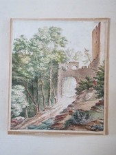 FRENCH SCHOOL 19TH BEAUTIFUL DRAWING WATERCOLOR LANDSCAPE RUINS CASTLE ROMANTICISM 1830