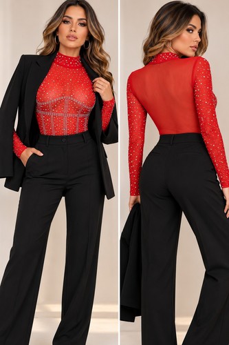 Body femme elsa rouge strass - rouge,