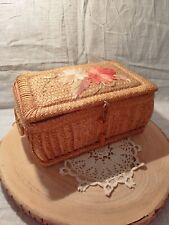 Vintage Red Fabric Padded Interior Wicker Straw Sewing Box