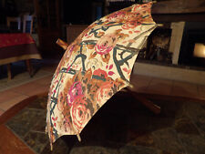 Antique child umbrella, printed canvas, wooden knob, promenade, 1950