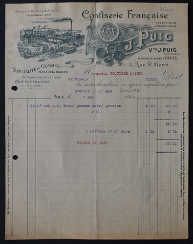 Facture paris 1914 confiserie - paris,