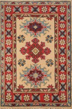 Tapis Géométrique Super Kazak Accent 2x3 Oriental Fait Main En Laine Ivoire