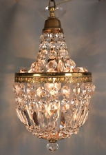 Antique French Empire Chandelier Hanging Lamp Crystal Beads Basket Brass 1920s