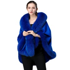 Real Cashmere Poncho Women's Party Cape Fox fur trim All Around Cloak