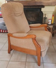 Fauteuil relax mécanique tissu beige et bois 1 personne idéal pour se reposer