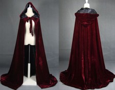 Wine red black velvet hooded cloak wedding cape Halloween wicca robe coat
