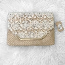 NEW Crochet Woven Straw Clutch Handbag Purse Envelope Wallet Cream Bag