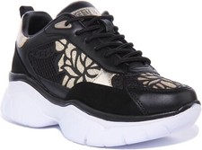 GUESS Floral Art Textile Chaussures Noir Or Femmes Baskets Taille UK 3 - 8