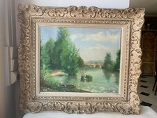 old oil painting on canvas Victor Carlu, framed, bridge, river boat