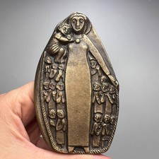 Ancienne plaque allemande Vierge et enfant en bronze 4,3"x2,3" 143g art...
