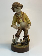 Dolfi Carved Wood Boy Feeding Hens Figurine Made In Italy 6”