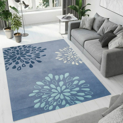 Tapis bleu fleurs touffeté - tapis, à