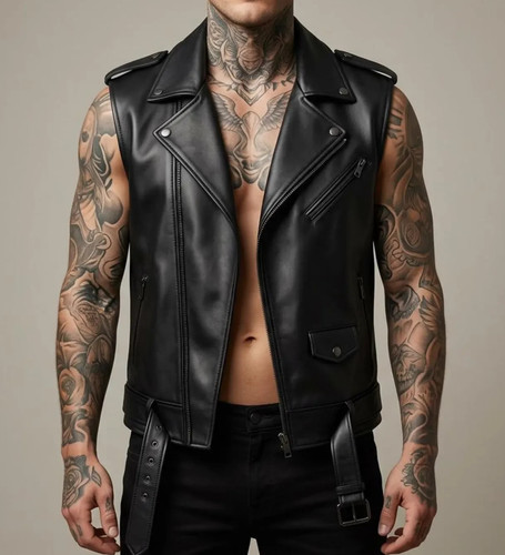 Men black leather biker - black,