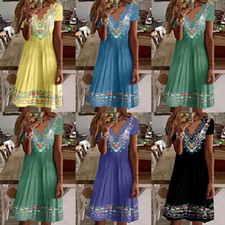 Femmes Boho Floral Kaftan Maxi Robe De Vacances D'été V Cou De Cou De Couche /