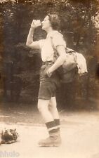 BK357 Vintage Photo Card RPPC Woman Hiking Drink Backpack