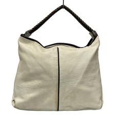 Auth FURLA - Cream Brown Leather Chemical Fiber Handbag