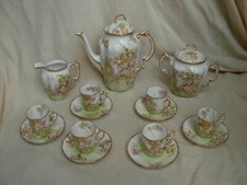 LIMOGES,ANTIQUE FRENCH HAND PAINTED PORCELAIN COFFEE SET,15 PIECES,ART NOUVEAU