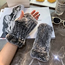 Women's Real Rabbit Fur Gloves Knitted Stretch Fingerless Warm Mitten Gloves