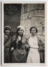 3 girls, braids, school outing, blurry - old photo snapshot 1931