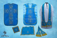 Chasuble Romaine Bleue Marian Fiddleback Et Ensemble De Messe, Broderie AM