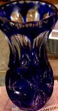 Cobalt Blue Cut to Clear Glass Vase Made of Crystal. Excellent Condition 7”