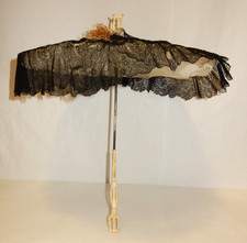 ANTIQUE 1870'S VICTORIAN PARASOL WITH BLACK LACE & HAND-CARVED LYRE HARP HANDLE