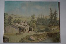 PEINTURE HUILE SUR TOILE XX° PAYSAGE VOSGES MONTAGNE CHALET SCIERIE BOIS 1971