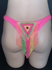 Rare Vintage Y2K Ritchie Swimwear Neon Wetlook Pink Beaded Thong Bikini 9/10