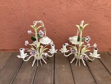 Pair Of Vintage Metal Flower Bouquet Florentine Chandelier 3 Branches