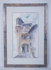 Vintage Watercolor Painting Houses Street Village In Tuscany Italy Signed