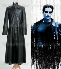 Matrix Neo Long Black Leather Trench Coat Outfit Costume Cosplay Jacket Carniv &
