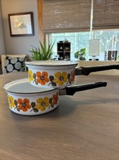Vintage (2) Austria Email Enamelware Sauce Pans MCM Retro Flowers 70s