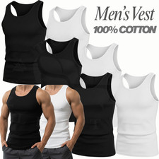 MENS VESTS 100% COTTON TANK TOP SUMMER TRAINING GYM TOPS PACK PLAIN S M L XL 2XL