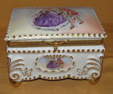 Limoges Porcelain Jewelry Box Set Galant Scene Decor Brass Surroundings
