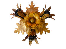 BANCI 1980 Murano Ceiling Wall Light Gilded Tole Chandelier BAGUES Foliage 3lgts