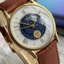 Timex Watch Vintage Mens Moon Phase White Blue Dial Gold Plated 34mm Case