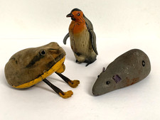 Vintage German Schuco Windup Flipo Glass Eye Frog, Mouse, DRGM Tin Plate Penguin