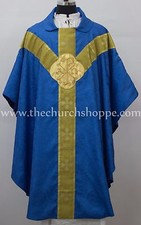 Neuf V Col Bleu Gothique Vêtement de Cérémonie & Masse Ensemble Doublé Chasuble,
