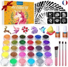 Kit Tatouage Paillettes- Bledras Enfant 30 Couleurs, 147 Pochoir, 4 Pinceaux-