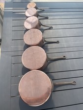Lot of 6 Antique 1mm Copper Pans with Wrought Iron Tails Vintage Kitchen