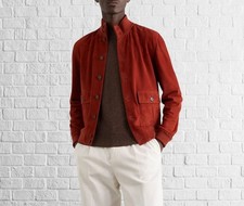 Épais Bord Look: Trendy Rouge Daim Bomber Style Bouton Veste Cuir pour Hommes