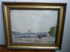 Antique painting watercolor drawing Paris la Seine quai Henri IV boats barges