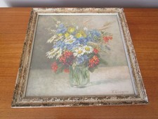 OLD PAINTING FRAME UNDER GLASS CHROME BOUQUET OF FLOWERS SIGN