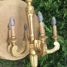 LUSTRE SUSPENSION ANCIEN BOIS DORÉ FEUILLE D’OR 6 branches  BE