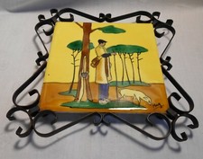 VINTAGE ANNEES 50/60  DESSOUS PLAT FER FORGE CARREAU DECOR BERGER BASQUE SIGNE